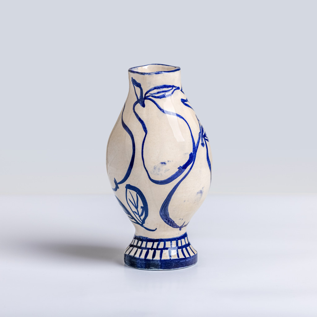 Ceramic vase with blue large pears on white background, handmade and painted in a unique style by Spanish artist Maite Morell.