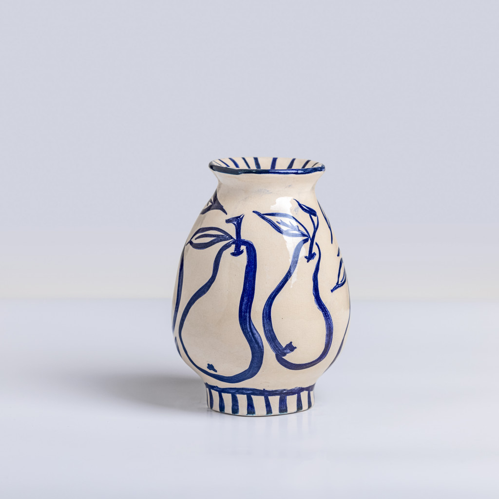 Ceramic vase with blue pears on white background, handmade and painted in a unique style by Spanish artist Maite Morell.