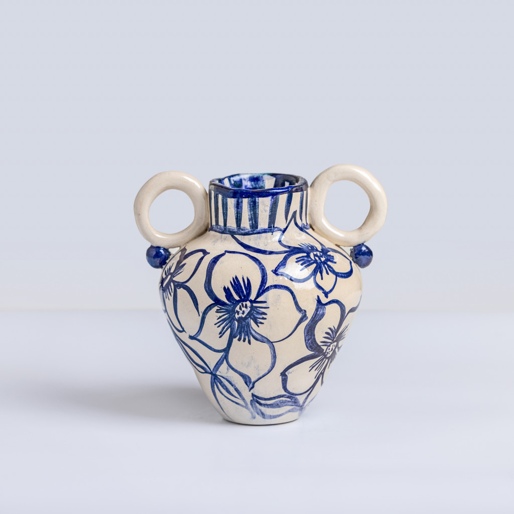 Ceramic vase with blue dahlias on white background, handmade and painted in a unique style by Spanish artist Maite Morell.