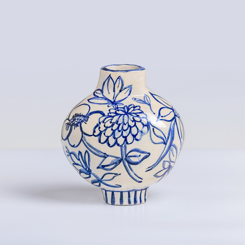 Ceramic vase with blue chinese flowers on white background, handmade and painted in a unique style by Spanish artist Maite Morell.