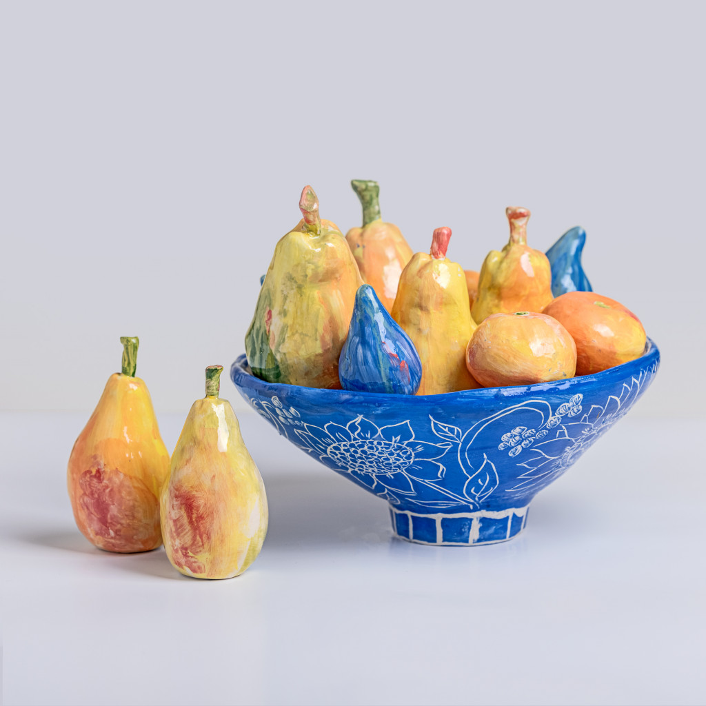 Ceramic still life with pears, figs and tangerines, handmade and painted in a unique & colourful style by Spanish artist Maite Morell.