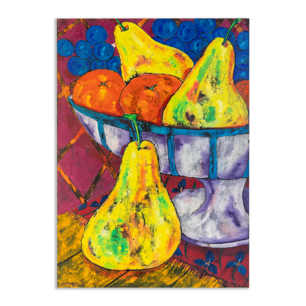 Mixed technique painting "Still life with pears and tangarines" of Gouache and Chinese Ink on Arches handmade paper by Spanish artist Maite Morell.