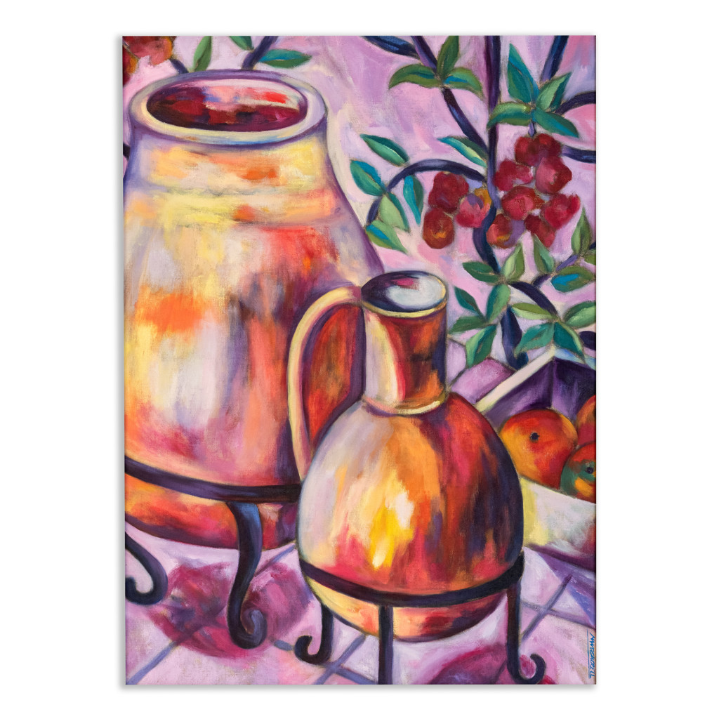 Oil painting on linen "Two jars and red flowers" by Spanish artist Maite Morell.