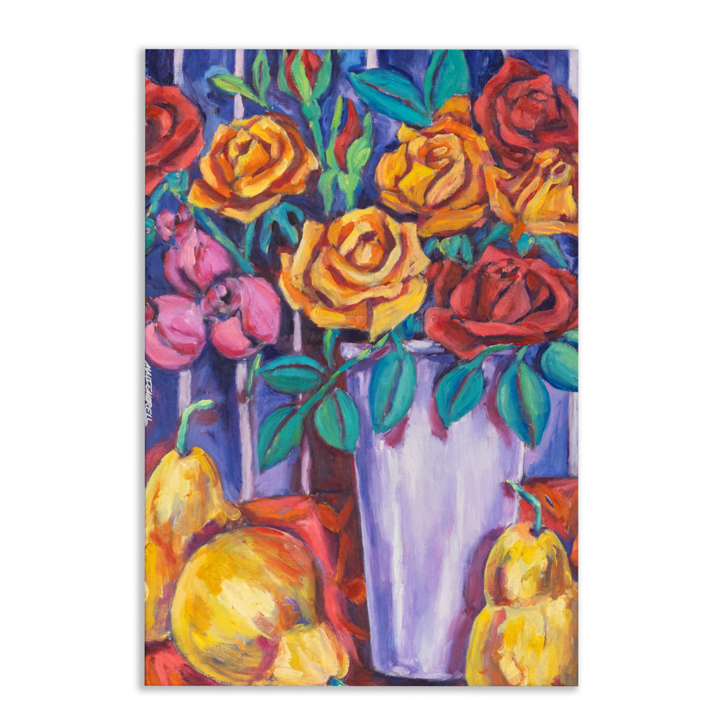 Oil painting on linen "Still life with bouquet of roses and pears" by Spanish artist Maite Morell.