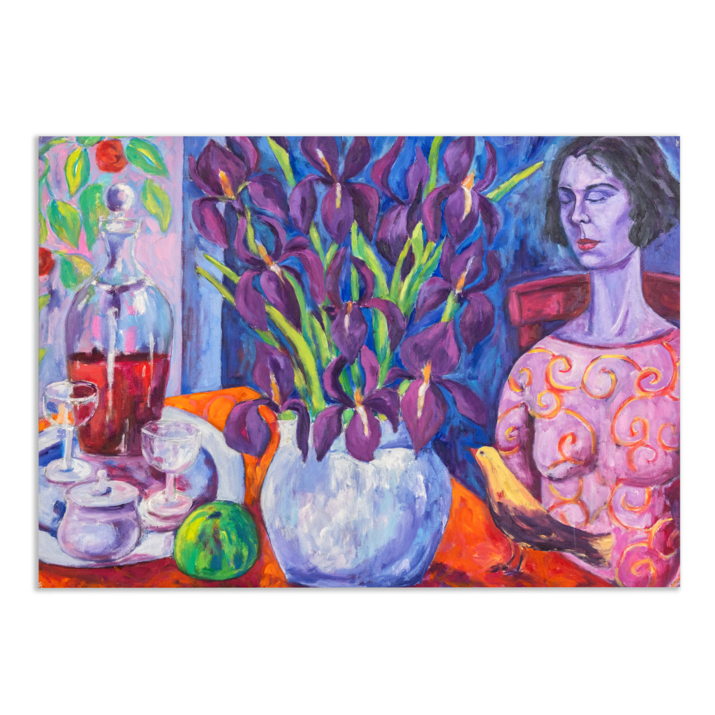 Oil painting on linen "Woman with a bouquet of lilies and oriolpendola" by Spanish artist Maite Morell.