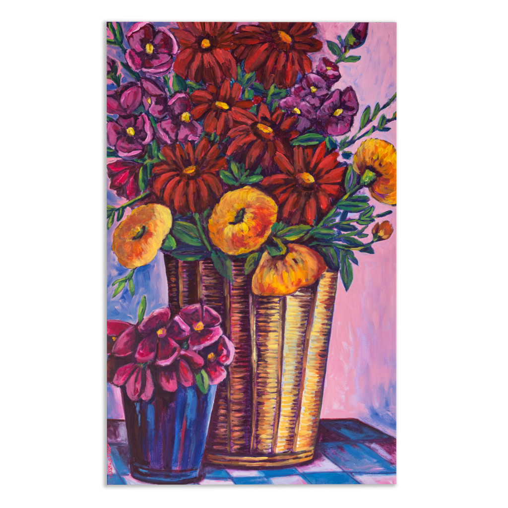 Oil painting on wood "Basket with bouquet of flowers" by Spanish artist Maite Morell.
