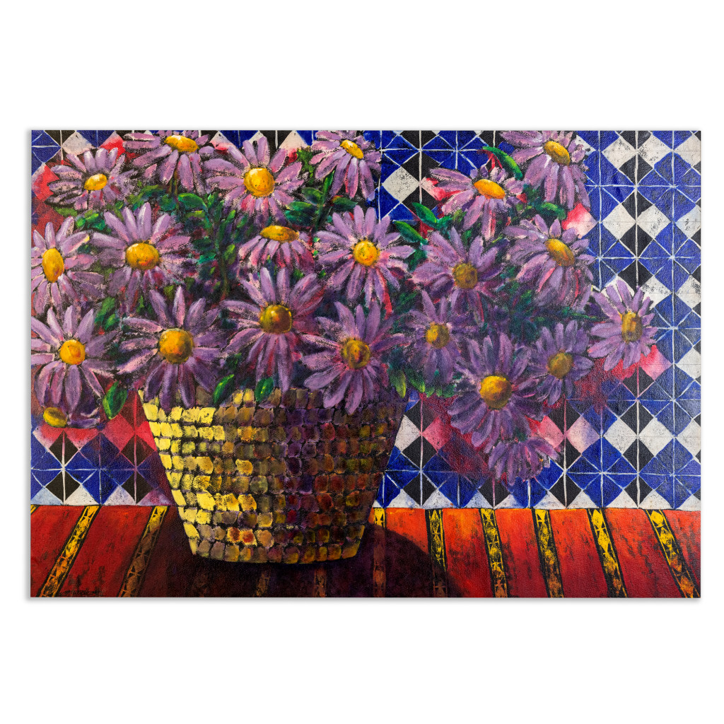 Mixed technique painting "Bouquet of daisies in Marrakech" of Gouache and Chinese Ink on Arches handmade paper by Spanish artist Maite Morell.