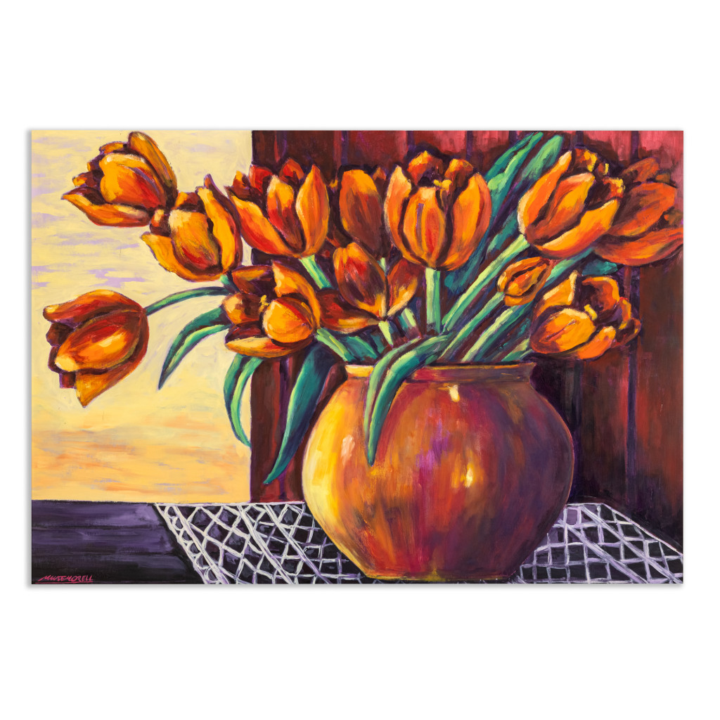 Oil painting on wood "Orange Tulips" by Spanish artist Maite Morell.