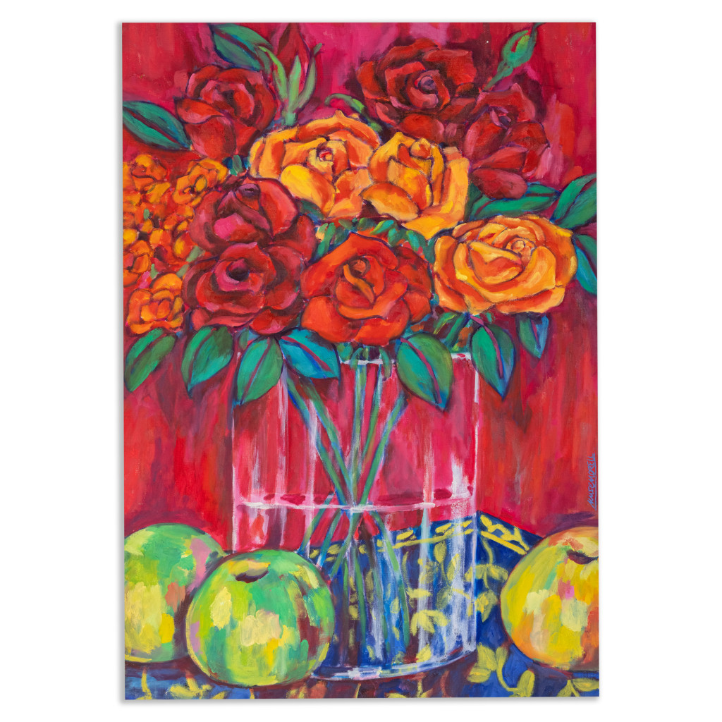 Oil painting on linen "Vase with red roses and green apples" by Spanish artist Maite Morell.