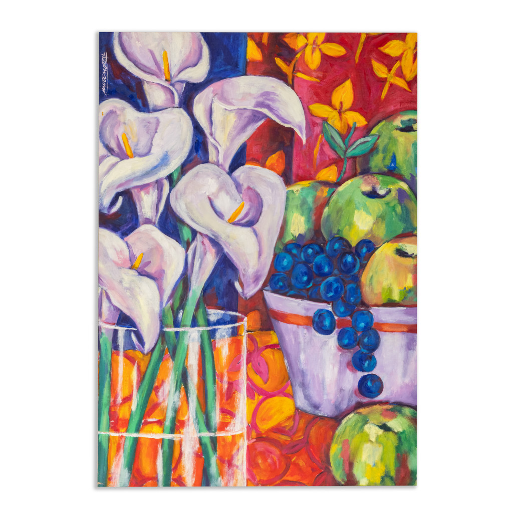 Oil painting on linen "Vase with callas and fruit bowl" by Spanish artist Maite Morell.