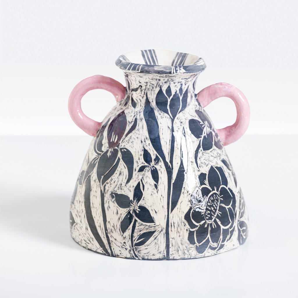 Ceramic vase with black flowers on white and pink background, handmade and painted in a unique style by Spanish artist Maite Morell.