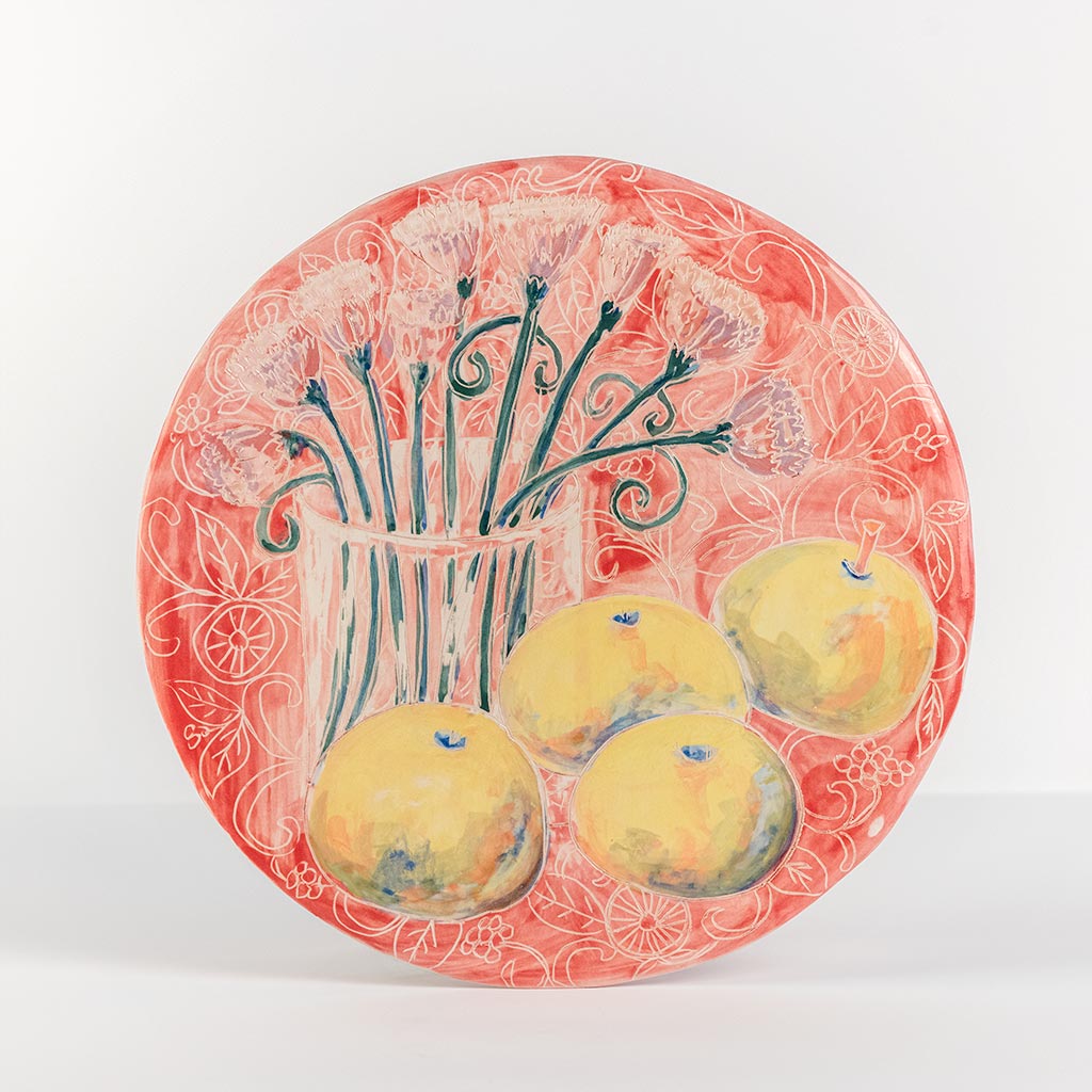 Ceramic decorative plate with carnations and apples, handmade and painted in a unique & colourful style by Spanish artist Maite Morell.