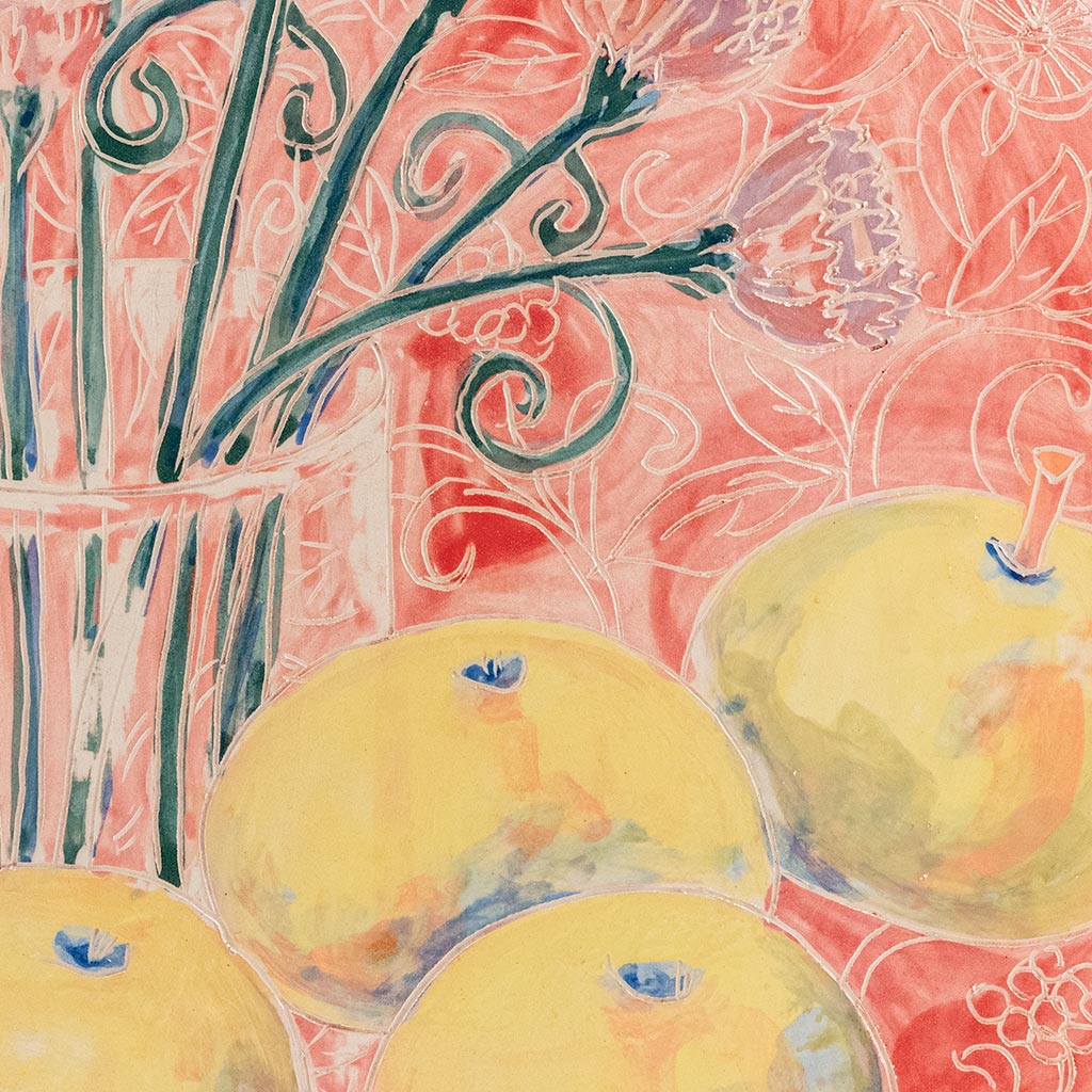 Ceramic decorative plate with carnations and apples, handmade and painted in a unique & colourful style by Spanish artist Maite Morell.