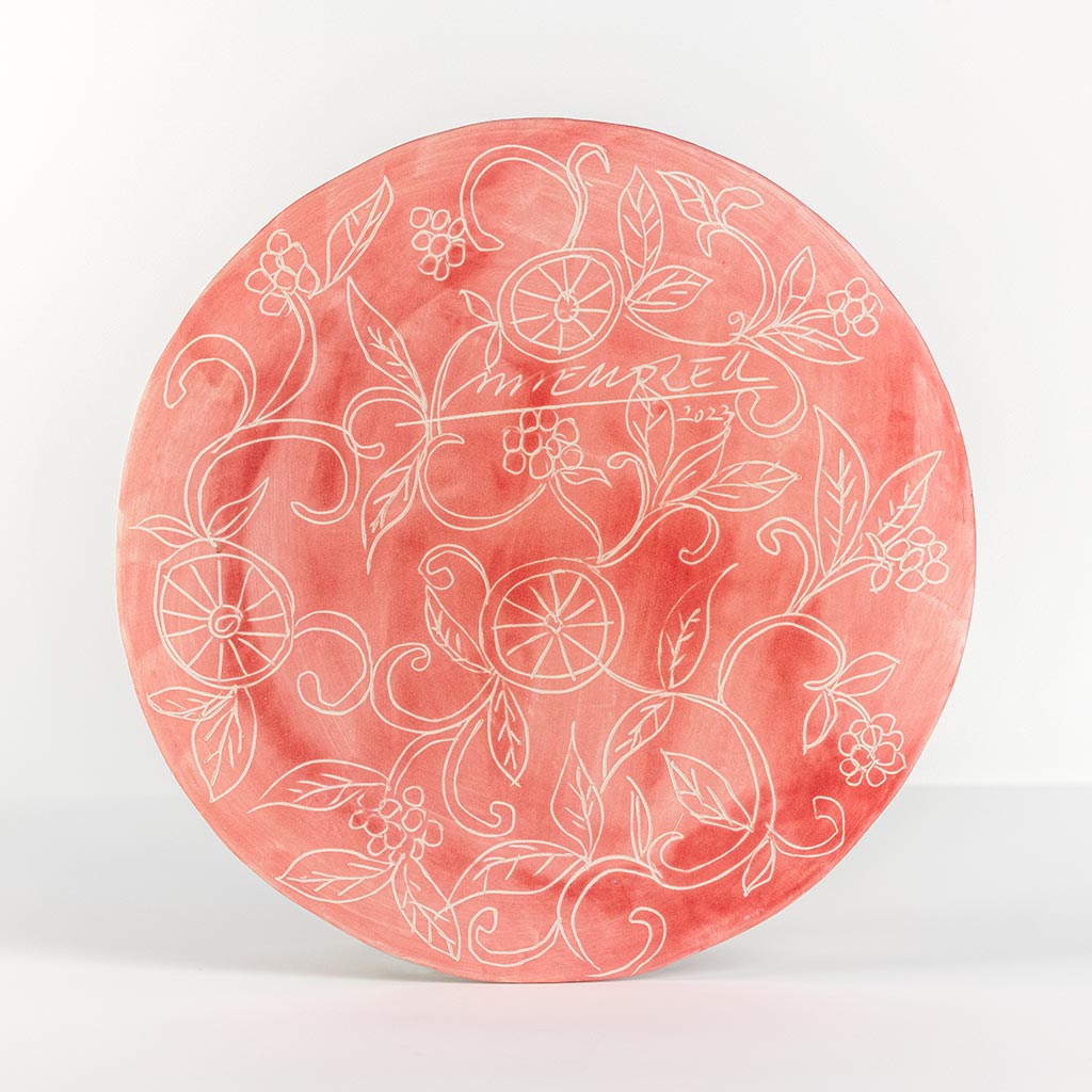 Ceramic decorative plate with carnations and apples, handmade and painted in a unique & colourful style by Spanish artist Maite Morell.