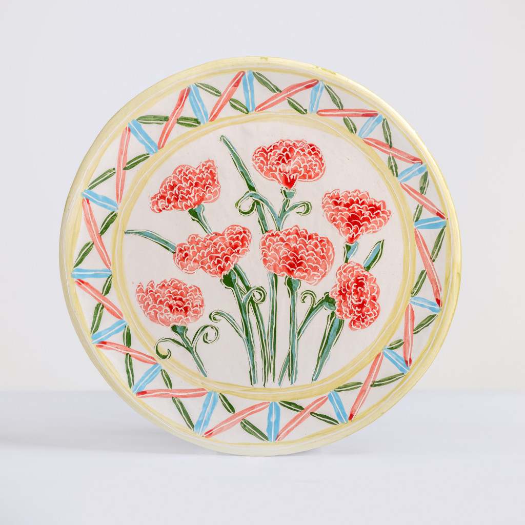 Ceramic decorative plate with red carnations, handmade and painted in a unique & colourful style by Spanish artist Maite Morell.