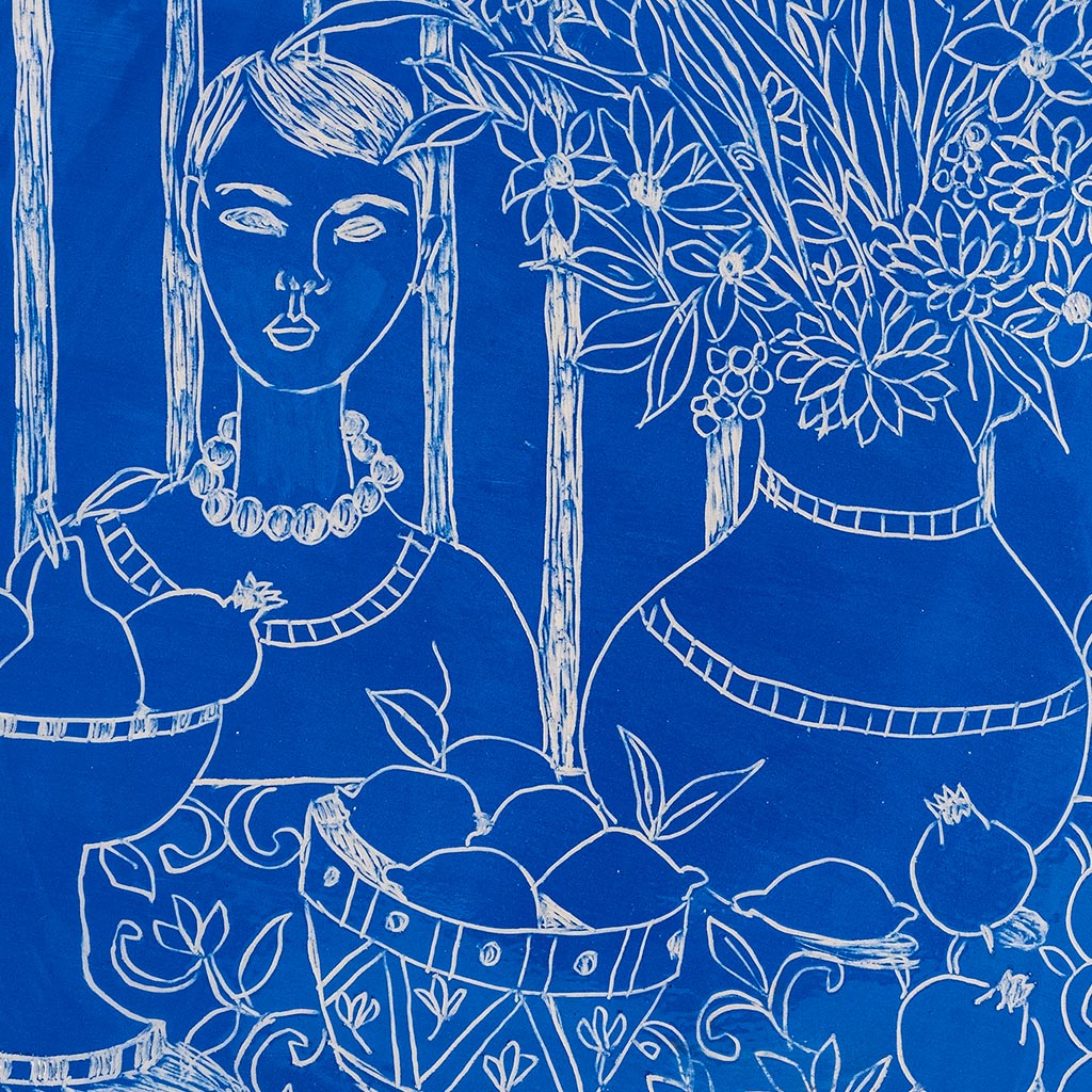Ceramic decorative plate with self portrait on blue background, handmade and painted in a unique & colourful style by Spanish artist Maite Morell.