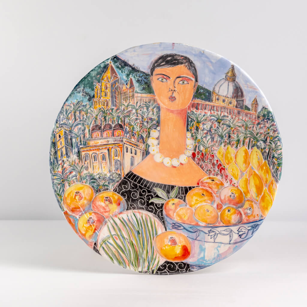 Ceramic plate with self-portrait in Palermo, handmade and painted in a unique & colourful style by Spanish artist Maite Morell.