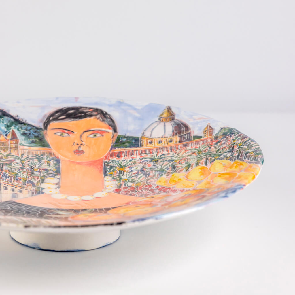 Ceramic plate with self-portrait in Palermo, handmade and painted in a unique & colourful style by Spanish artist Maite Morell.