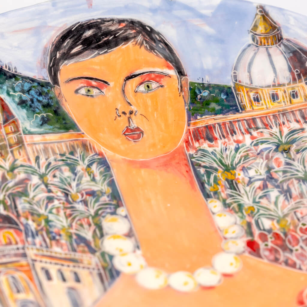 Ceramic plate with self-portrait in Palermo, handmade and painted in a unique & colourful style by Spanish artist Maite Morell.