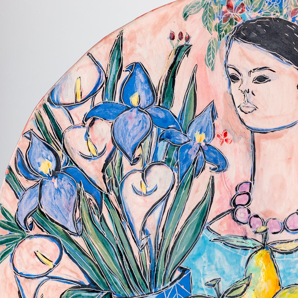 Ceramic decorative plate with self portrait and white cat, handmade and painted in a unique style by Spanish artist Maite Morell.