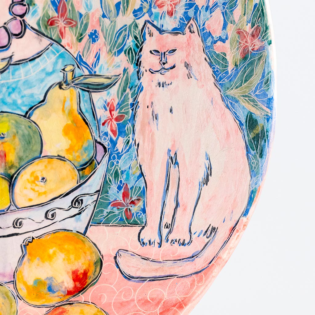 Ceramic decorative plate with self portrait and white cat, handmade and painted in a unique style by Spanish artist Maite Morell.