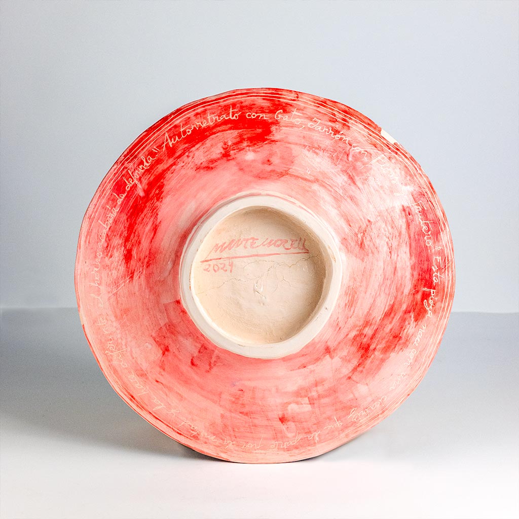 Ceramic decorative plate with self portrait and white cat, handmade and painted in a unique style by Spanish artist Maite Morell.