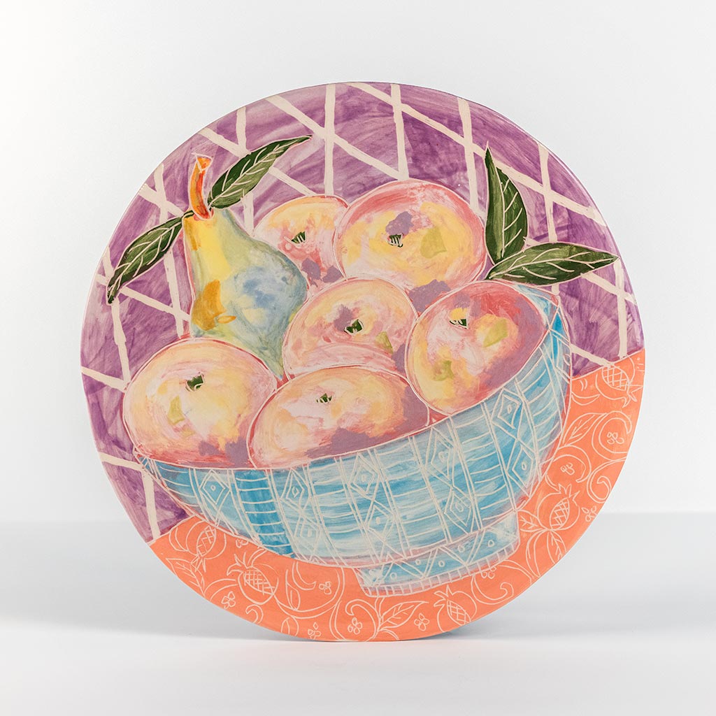 Ceramic decorative plate with apples and pear, handmade and painted in a unique & colourful style by Spanish artist Maite Morell.