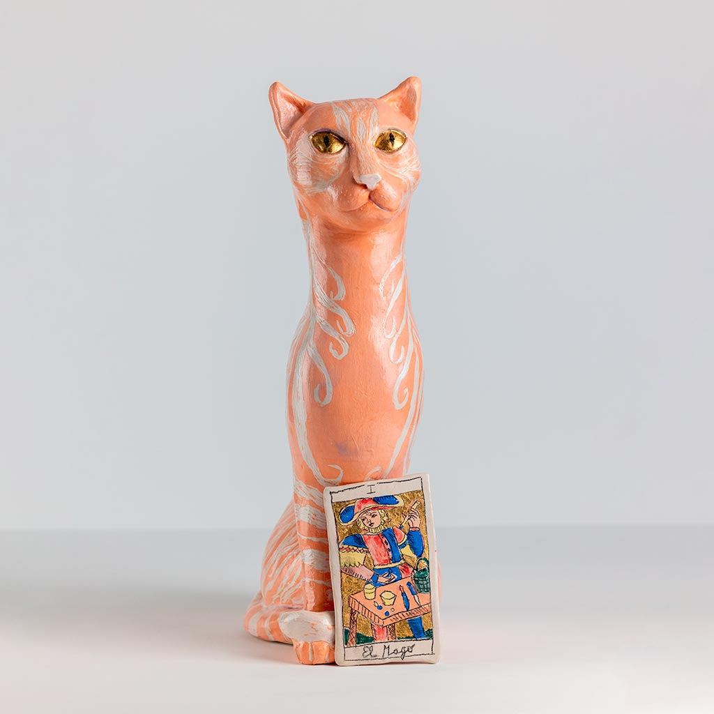 Ceramic sculpture of a cat, handmade and painted in a unique style by Spanish artist Maite Morell.