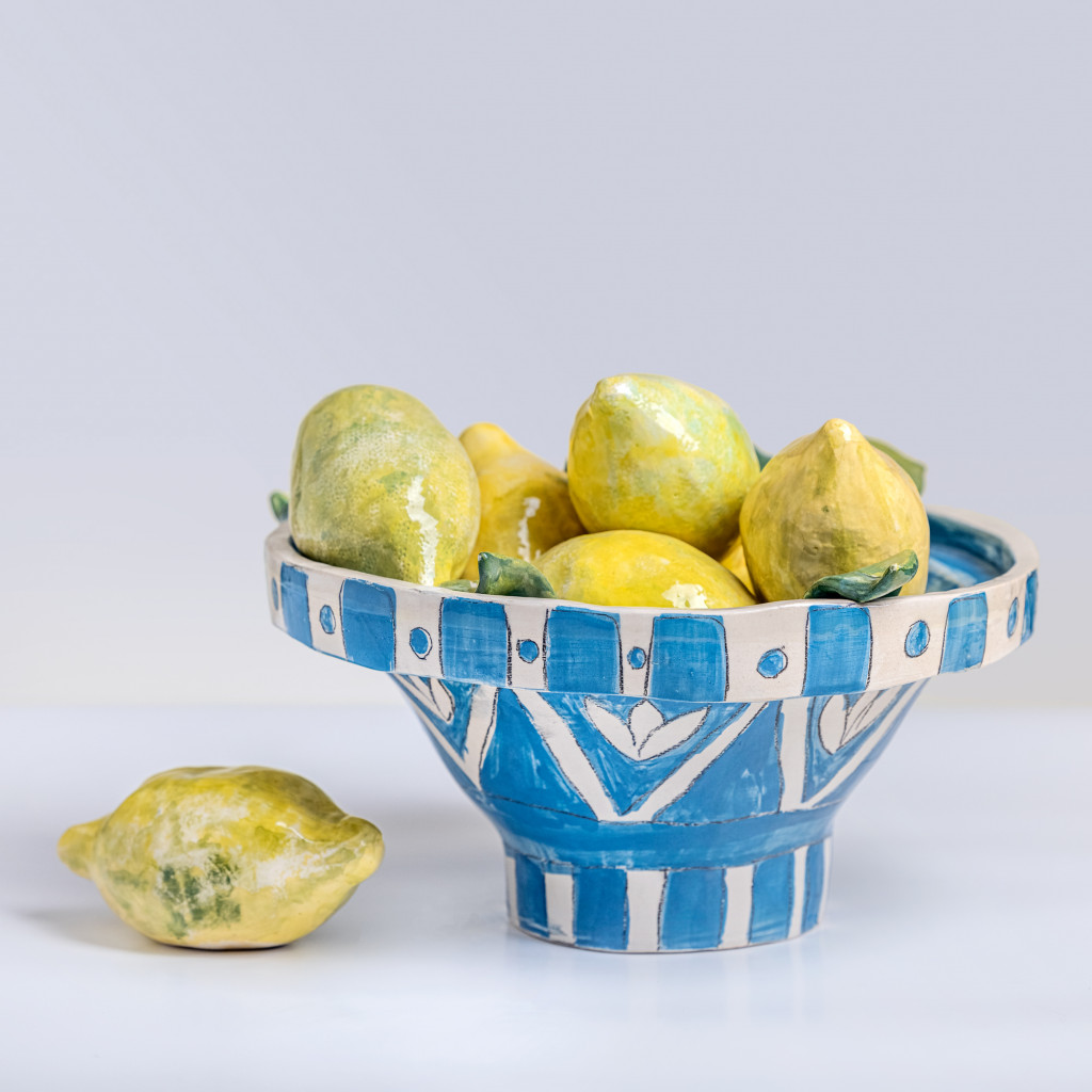 Ceramic still life with yellow lemons, handmade and painted in a unique & colourful style by Spanish artist Maite Morell.