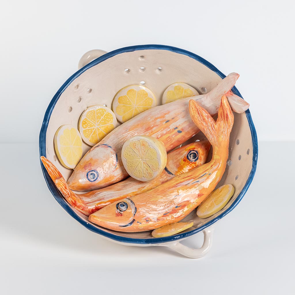Ceramic still life with mullets and lemon, handmade and painted in a unique style by Spanish artist Maite Morell.