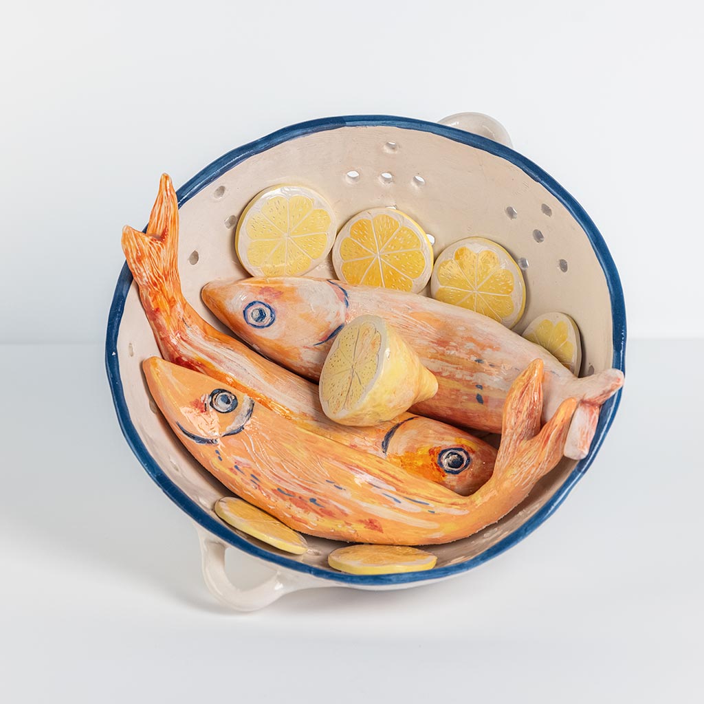 Ceramic still life with mullets and lemon, handmade and painted in a unique style by Spanish artist Maite Morell.