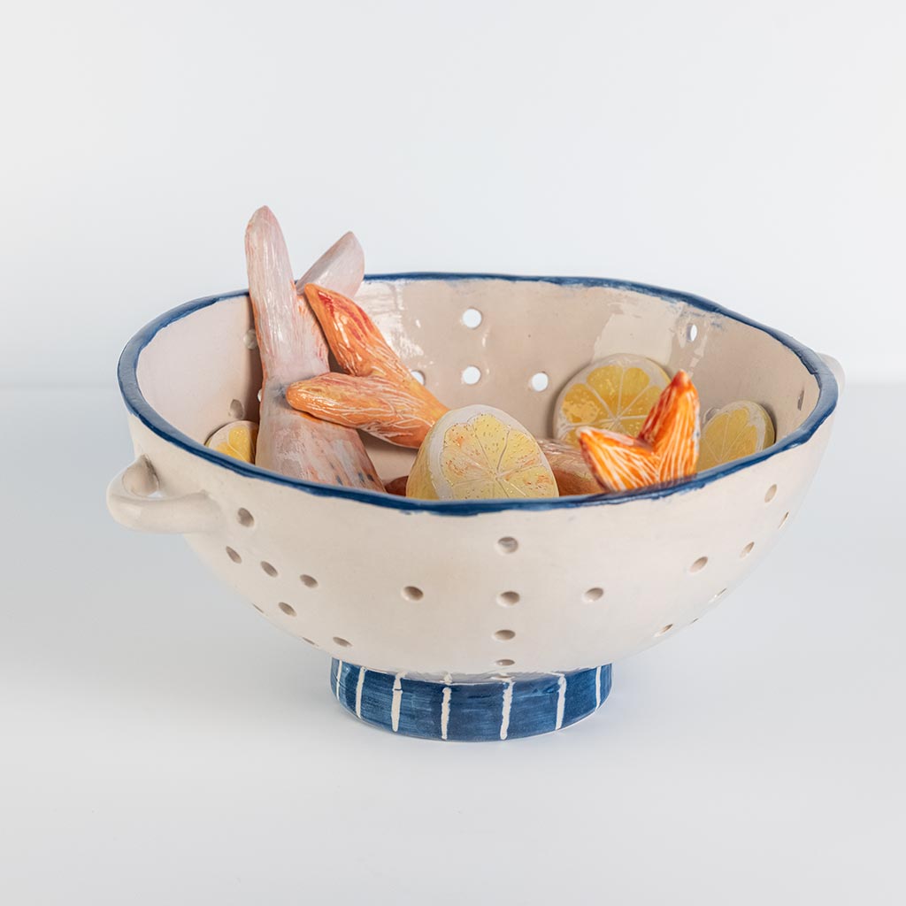 Ceramic still life with mullets and lemon, handmade and painted in a unique style by Spanish artist Maite Morell.