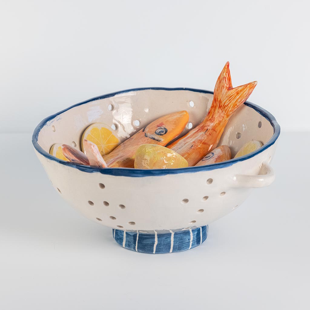 Ceramic still life with mullets and lemon, handmade and painted in a unique style by Spanish artist Maite Morell.