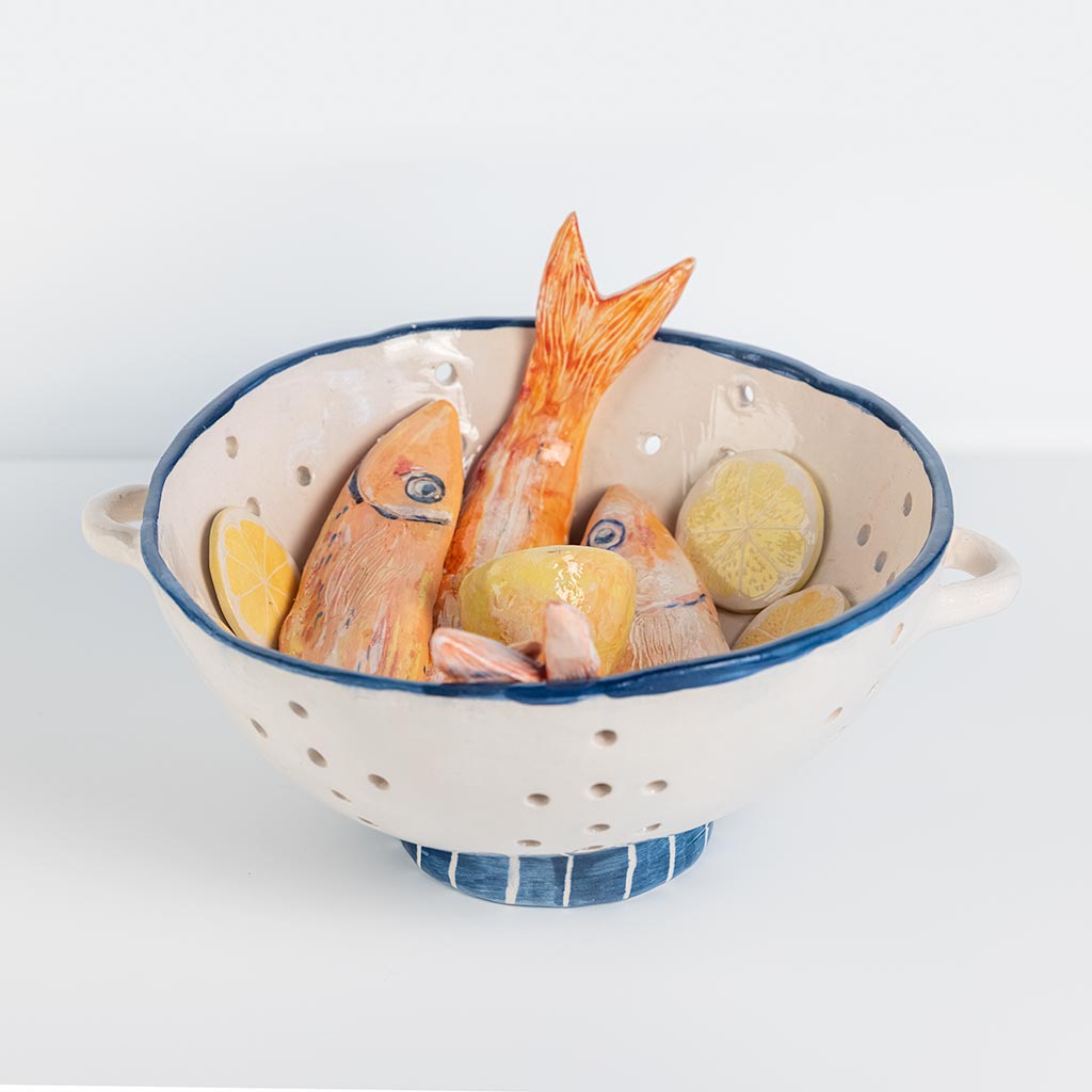 Ceramic still life with mullets and lemon, handmade and painted in a unique style by Spanish artist Maite Morell.
