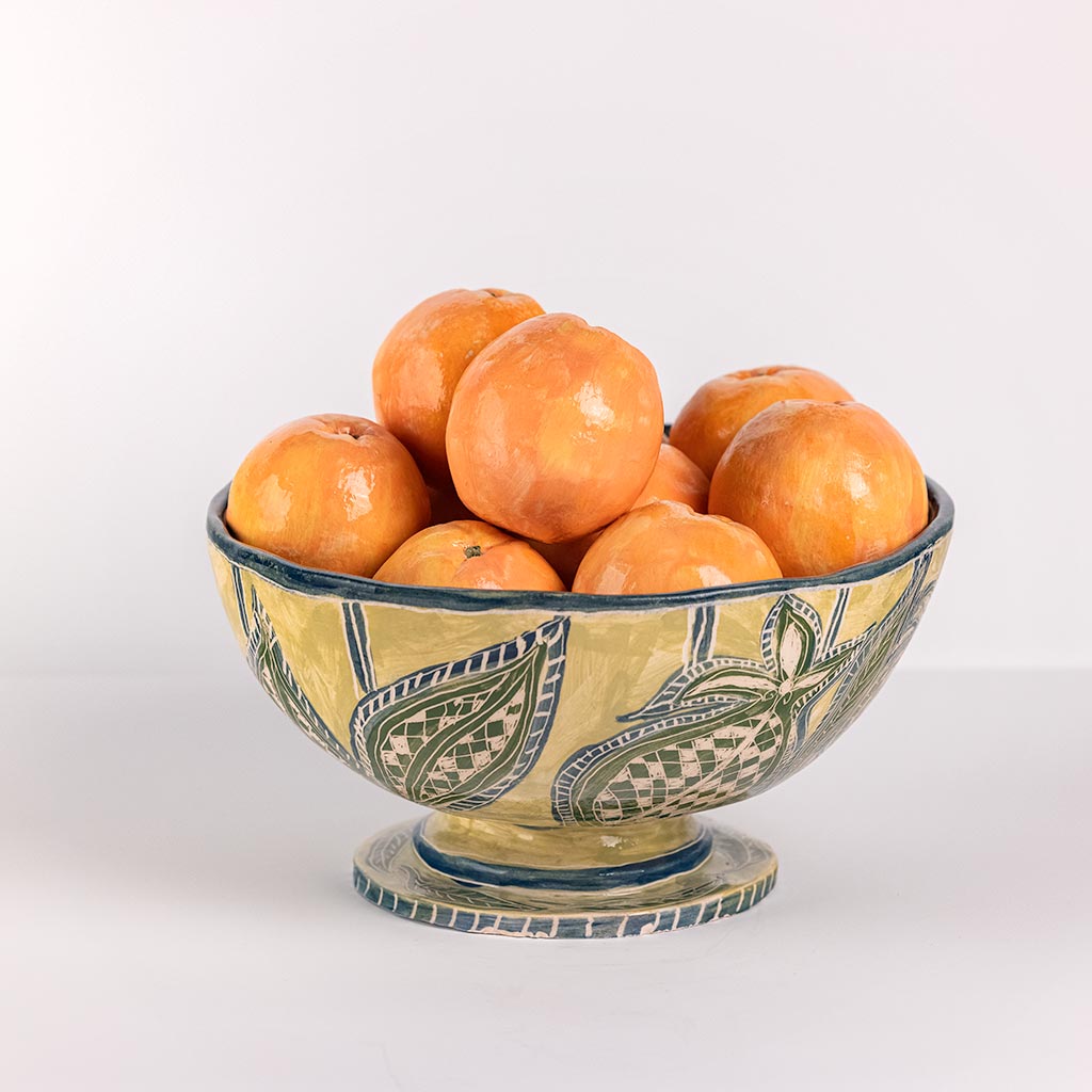 Ceramic still life with oranges, handmade and painted in a unique style by Spanish artist Maite Morell.