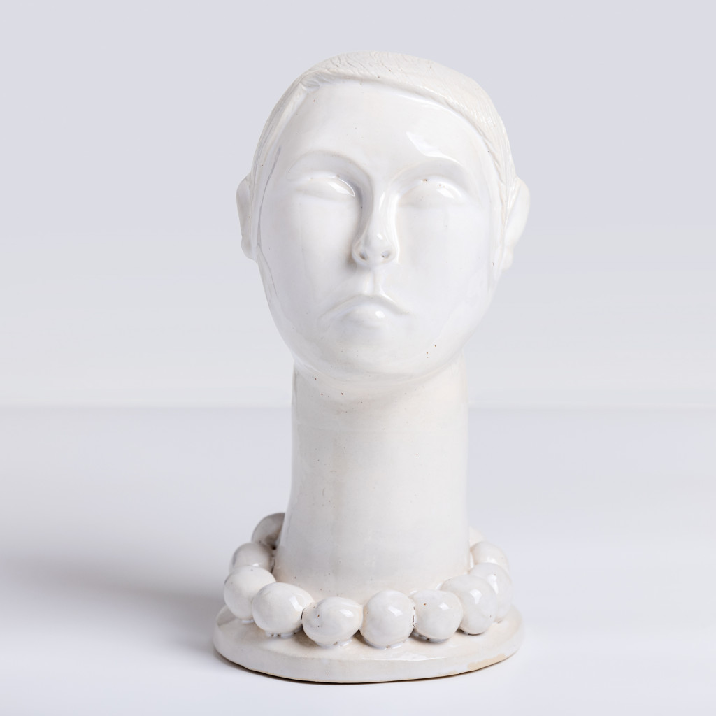 Ceramic self portrait sculpture with necklace, handmade and painted in a unique style by Spanish artist Maite Morell.