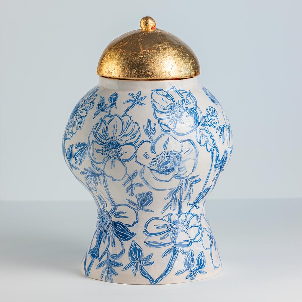Ceramic large vase with blue camellias on white background and gold lid, handmade and painted in a unique style by Spanish artist Maite Morell.