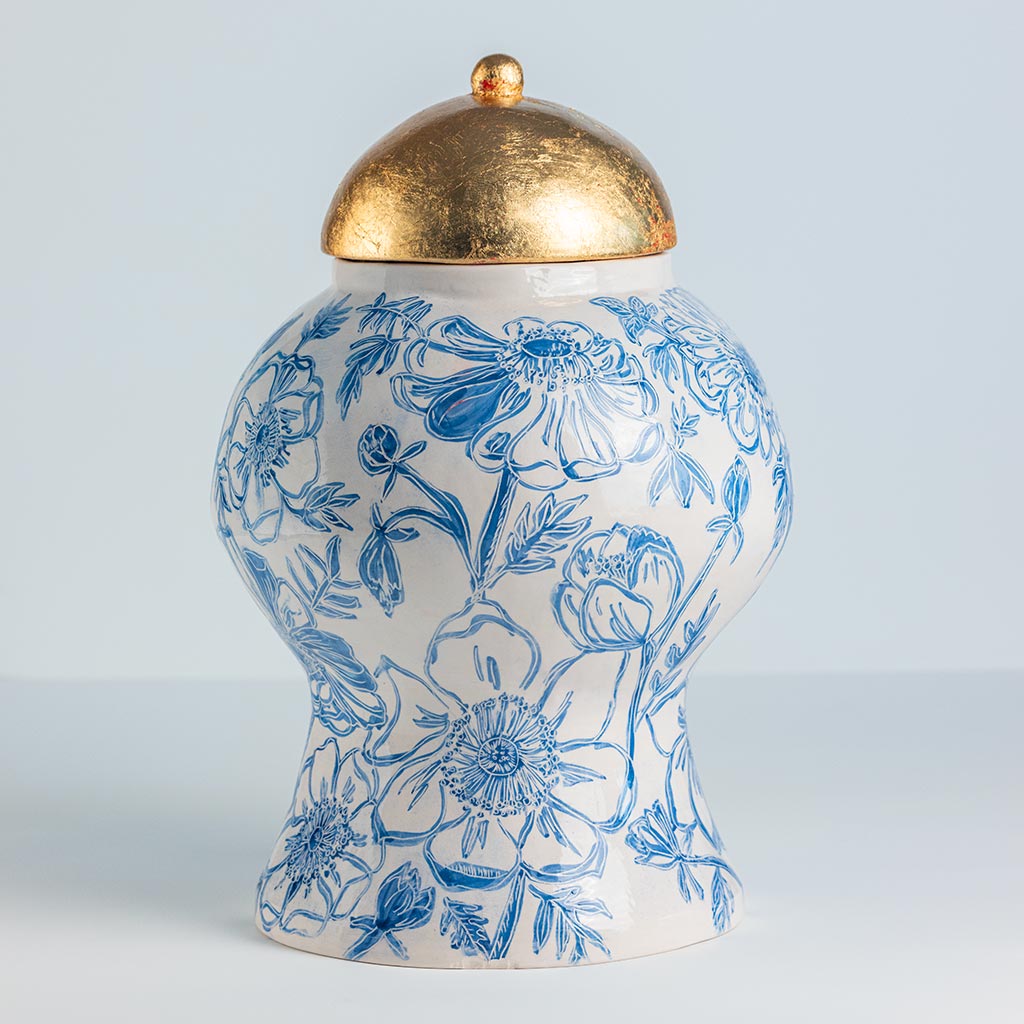 Ceramic large vase with blue camellias on white background and gold lid, handmade and painted in a unique style by Spanish artist Maite Morell.