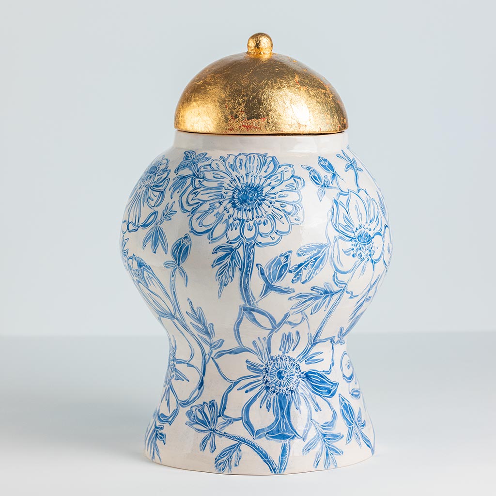 Ceramic large vase with blue camellias on white background and gold lid, handmade and painted in a unique style by Spanish artist Maite Morell.