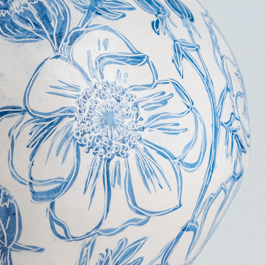 Ceramic large vase with blue camellias on white background and gold lid, handmade and painted in a unique style by Spanish artist Maite Morell.