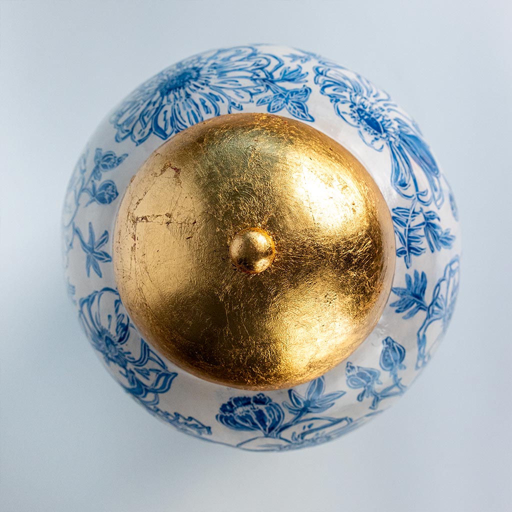 Ceramic large vase with blue camellias on white background and gold lid, handmade and painted in a unique style by Spanish artist Maite Morell.