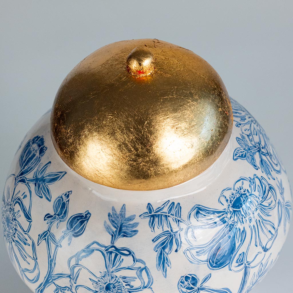 Ceramic large vase with blue camellias on white background and gold lid, handmade and painted in a unique style by Spanish artist Maite Morell.