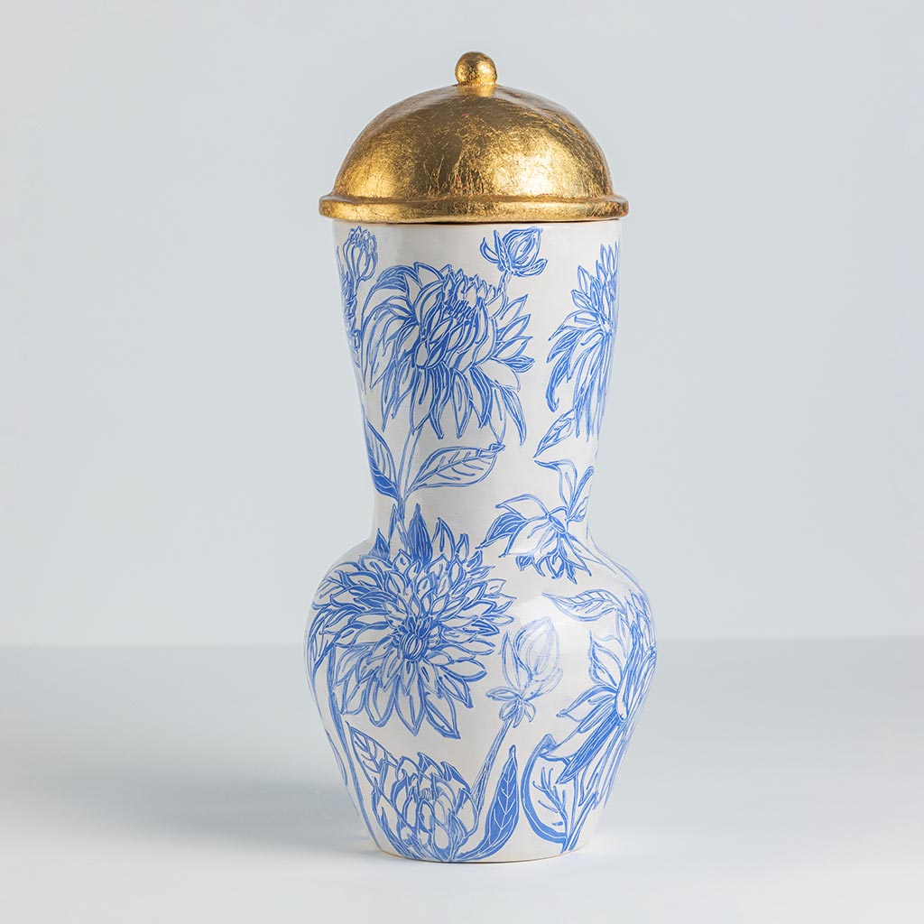 Ceramic large vase with blue dahlias on white background and gold lid, handmade and painted in a unique style by Spanish artist Maite Morell.
