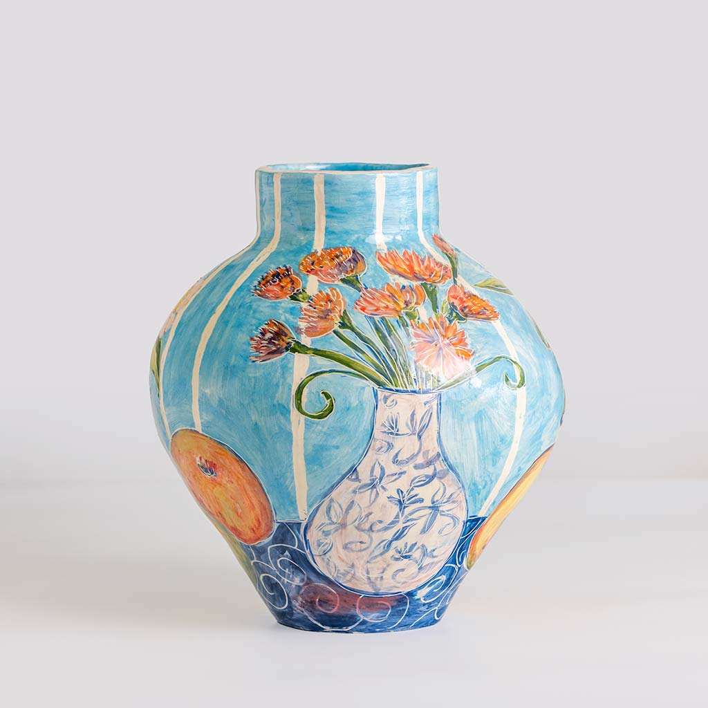 Ceramic vase with still life of pears, apples on turquoise background, handmade and painted in a unique & colourful style by Spanish artist Maite Morell.