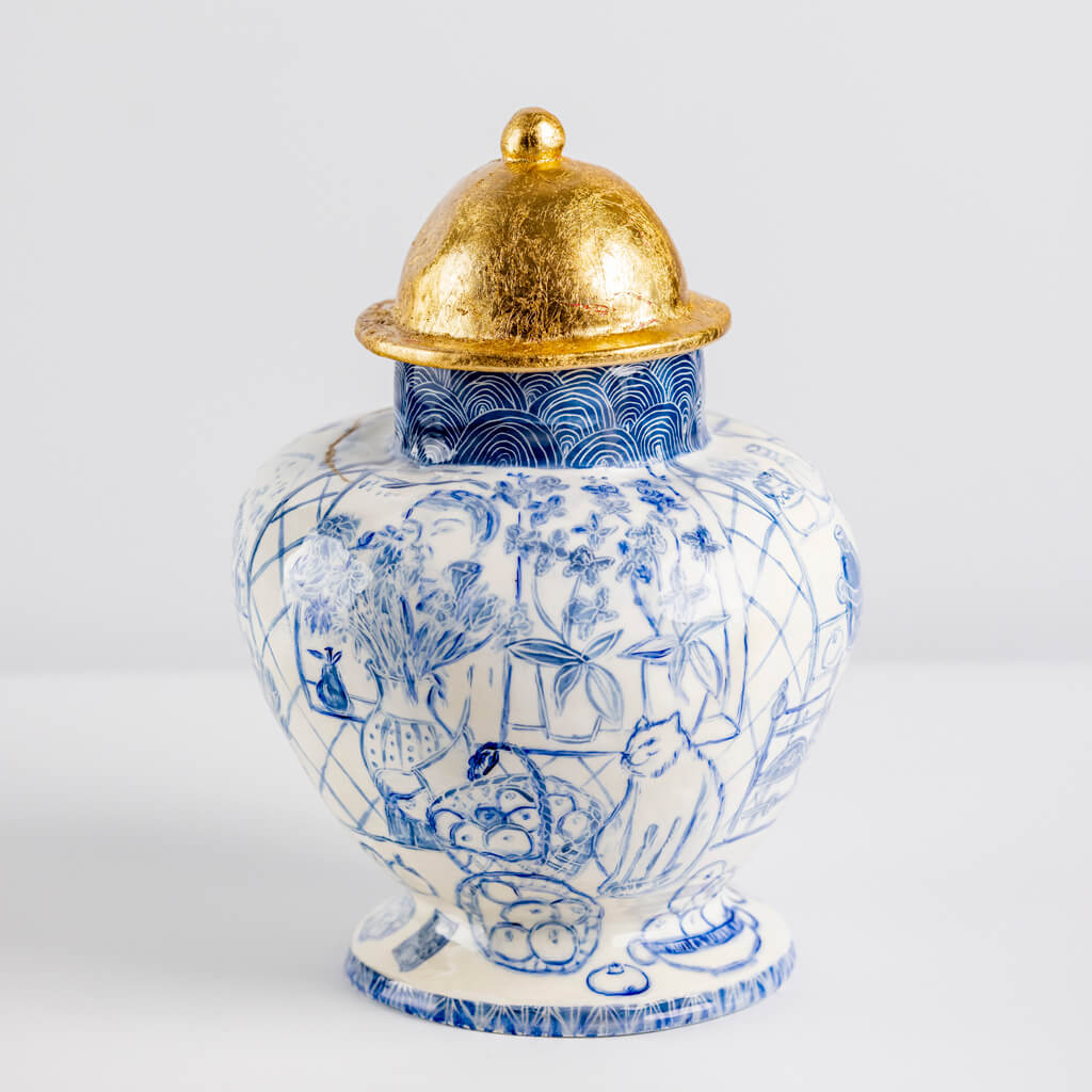 Ceramic vase in cobalt & gold with self-portrait, cats and fishbowl, handmade and painted in a unique & colourful style by Spanish artist Maite Morell.