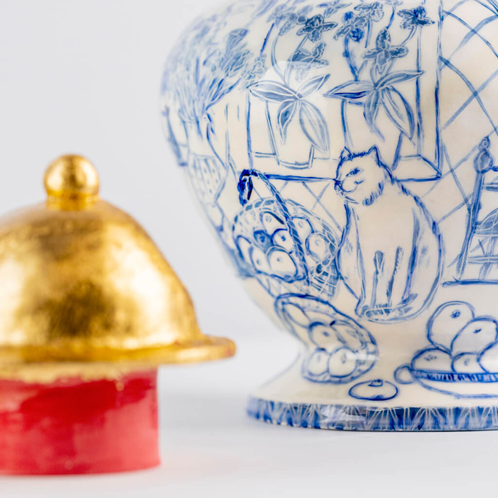 Ceramic vase in cobalt & gold with self-portrait, cats and fishbowl, handmade and painted in a unique & colourful style by Spanish artist Maite Morell.