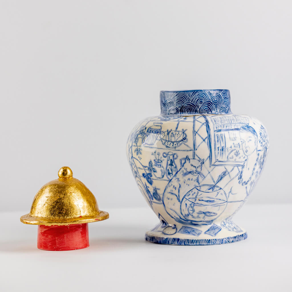 Ceramic vase in cobalt & gold with self-portrait, cats and fishbowl, handmade and painted in a unique & colourful style by Spanish artist Maite Morell.
