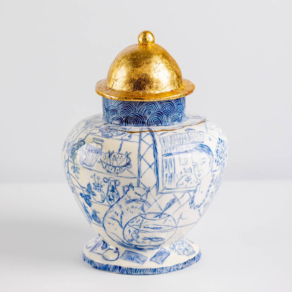 Ceramic vase in cobalt & gold with self-portrait, cats and fishbowl, handmade and painted in a unique & colourful style by Spanish artist Maite Morell.