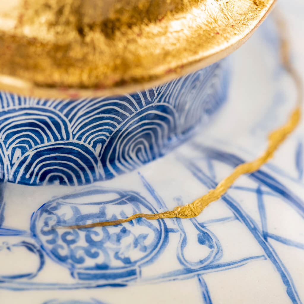 Ceramic vase in cobalt & gold with self-portrait, cats and fishbowl, handmade and painted in a unique & colourful style by Spanish artist Maite Morell.