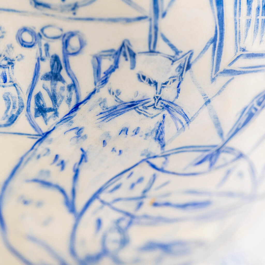 Ceramic vase in cobalt & gold with self-portrait, cats and fishbowl, handmade and painted in a unique & colourful style by Spanish artist Maite Morell.